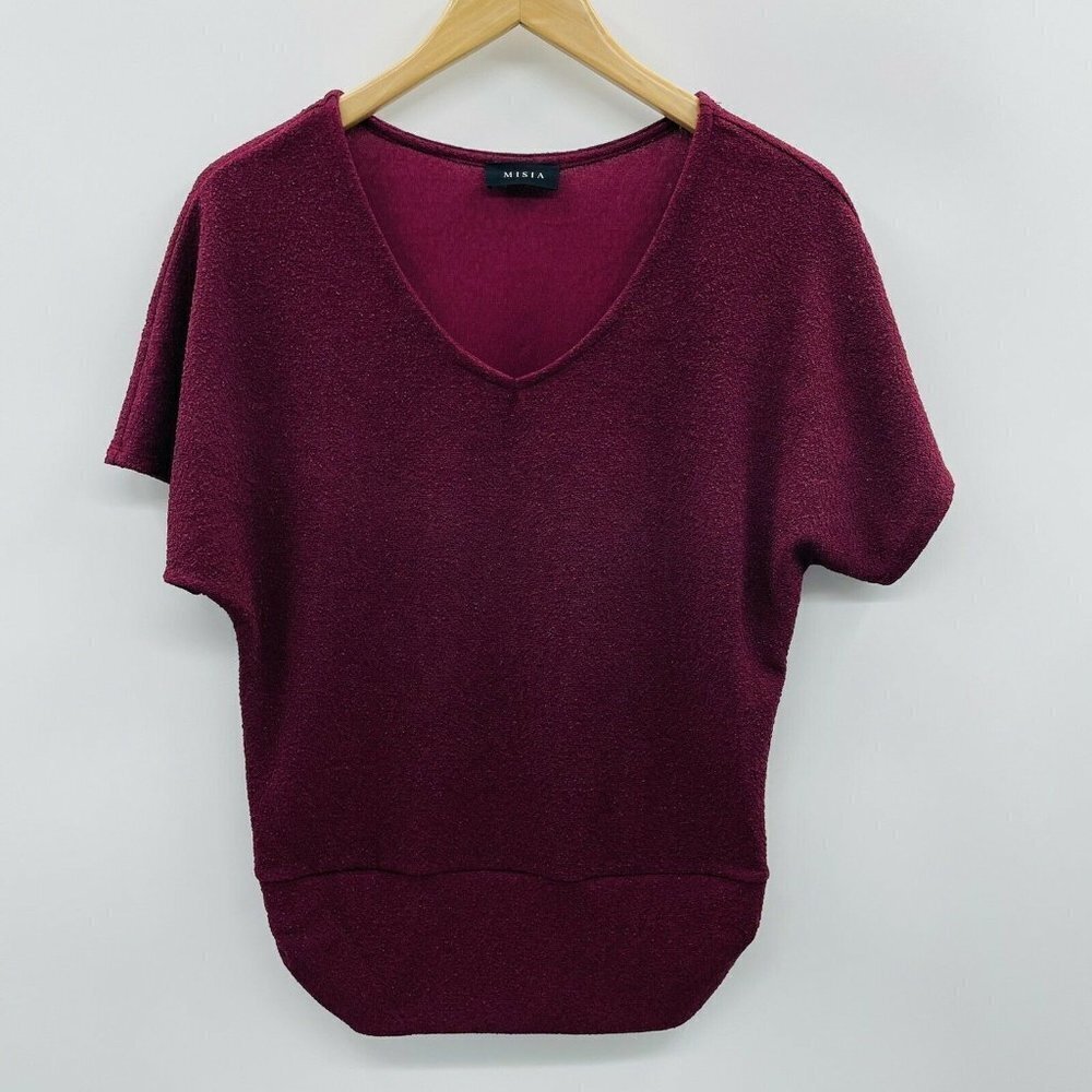 Misia Fashion Womens Size Small Short Sleeve Ruched Hem Metallic Blouse Red 1223